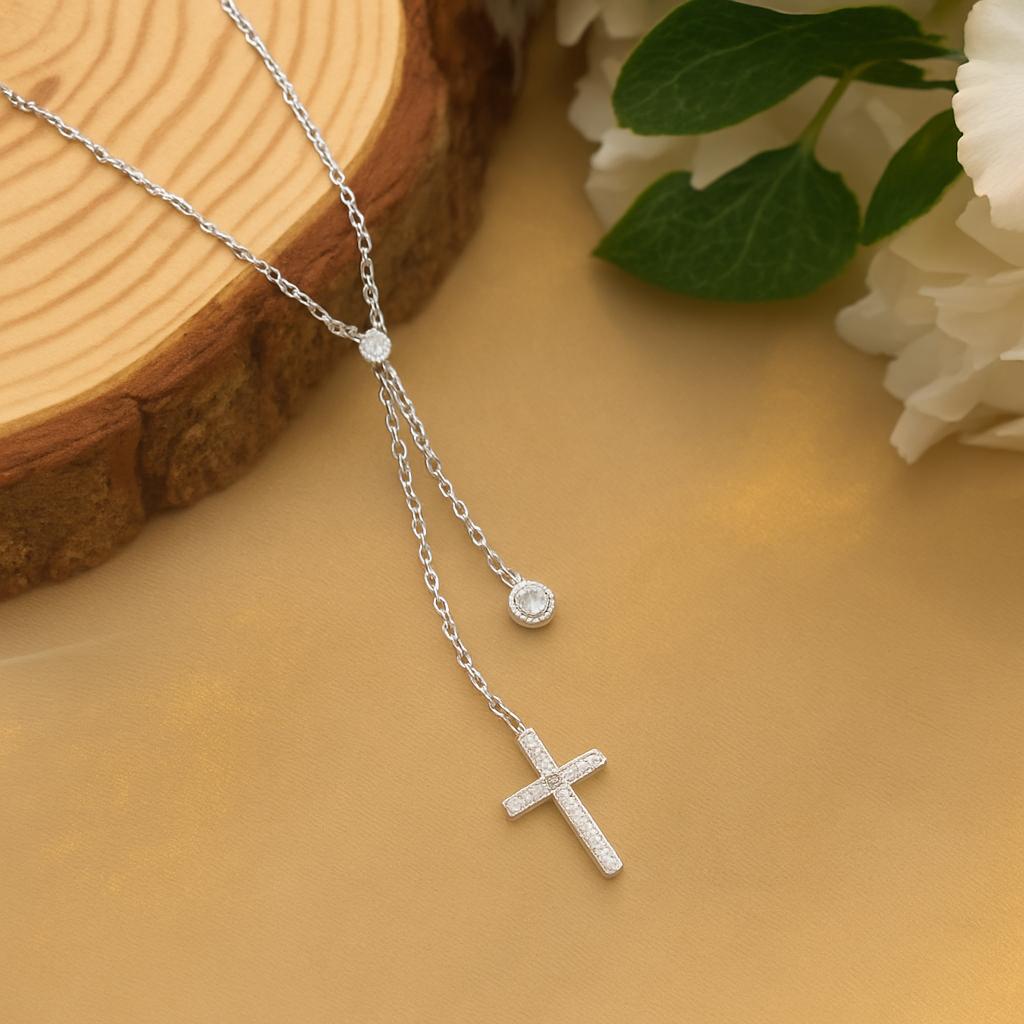Celestine Crystal Cross Lariat Necklace