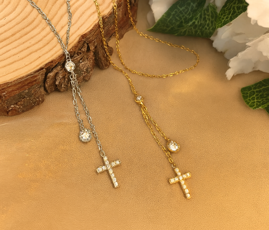 Celestine Crystal Cross Lariat Necklace