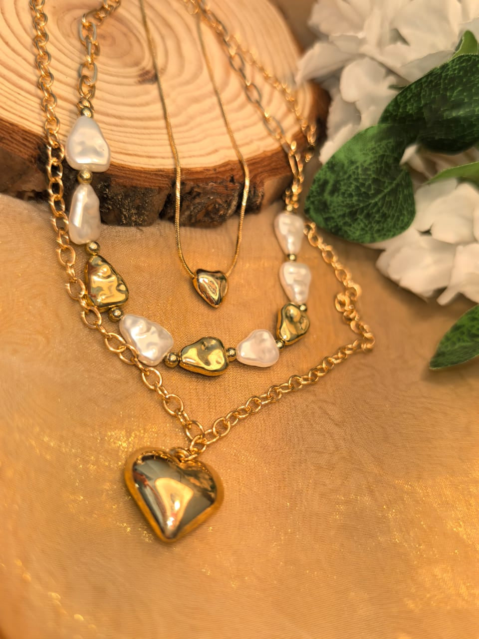 The Lumière Golden Heart & Baroque Pearl Necklace Set